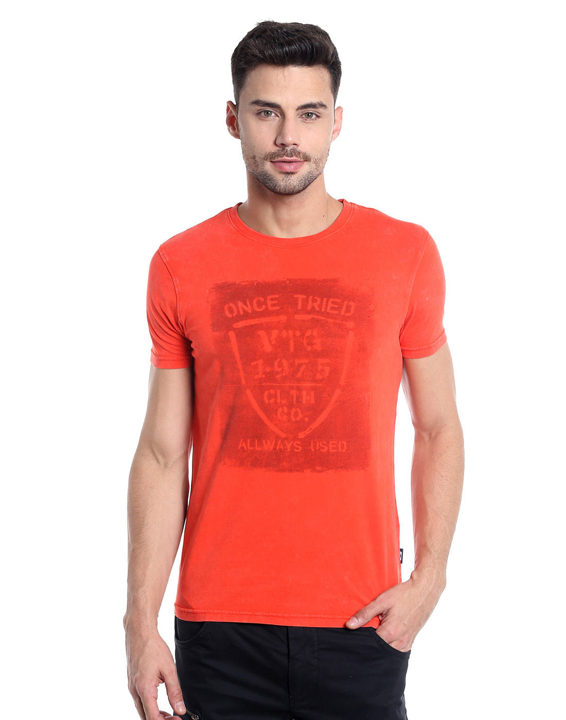 Orange Graphic Print Crew Neck T-Shirt - S