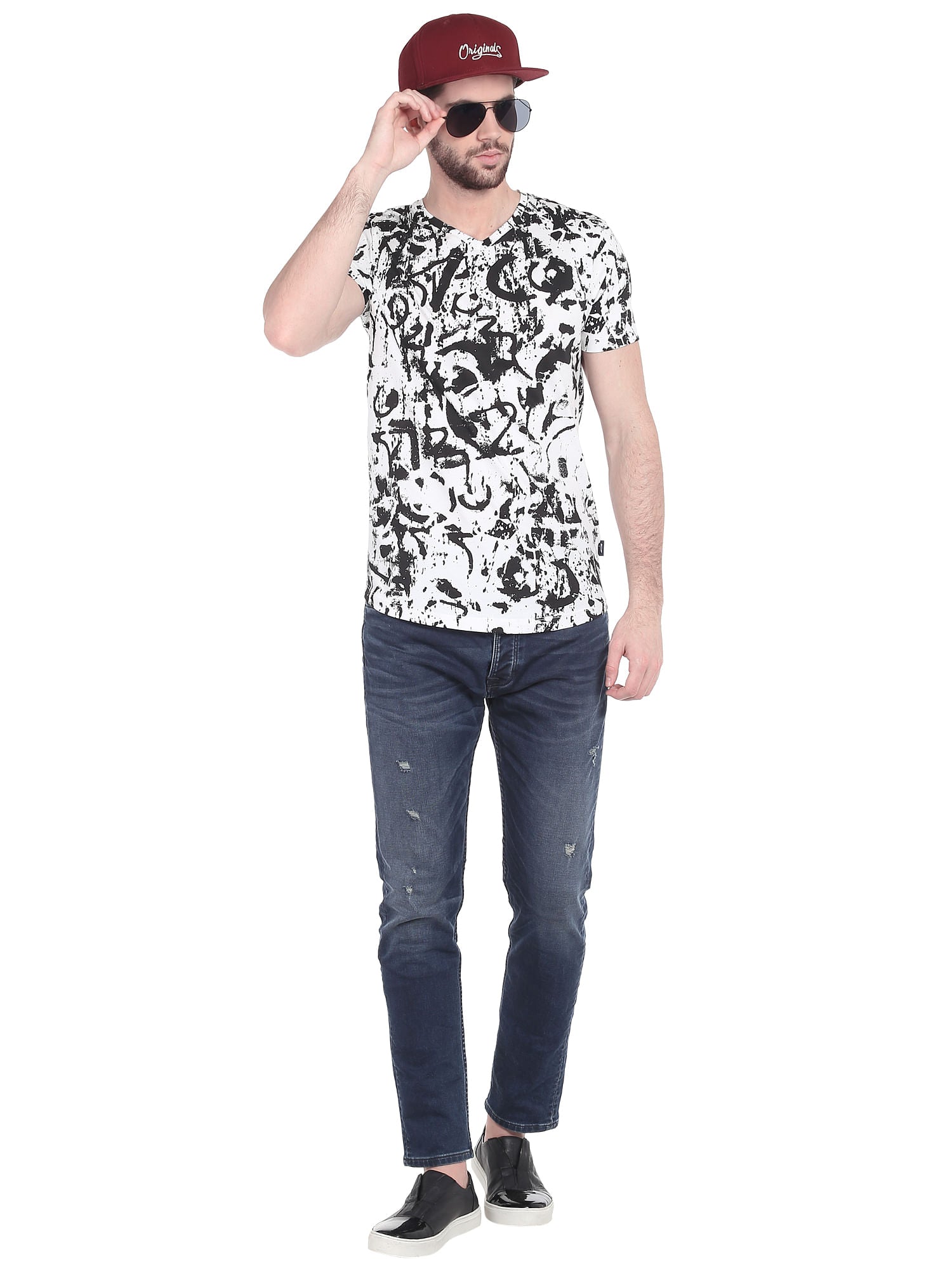 White Printed V-Neck T-Shirt