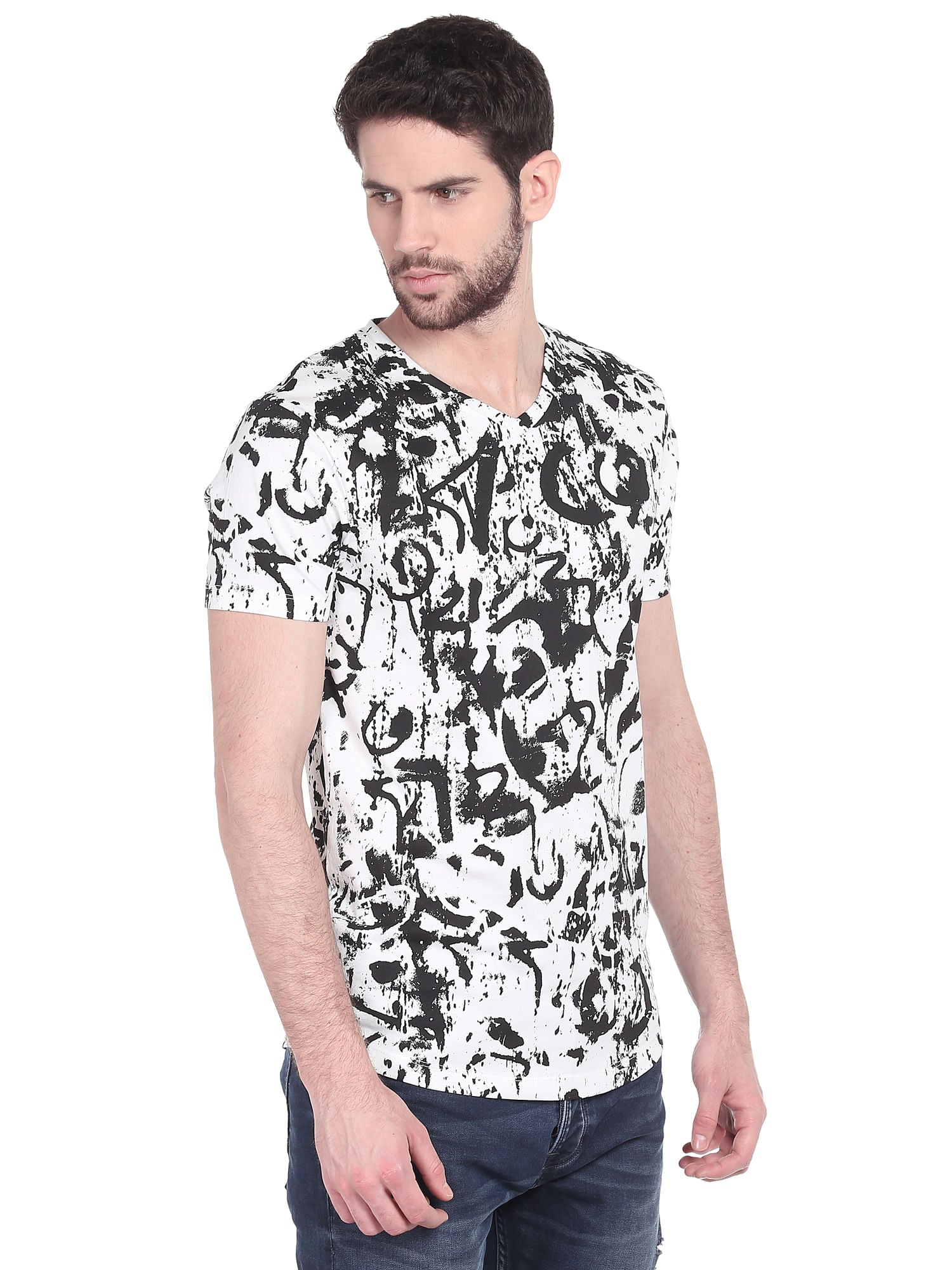 White Printed V-Neck T-Shirt