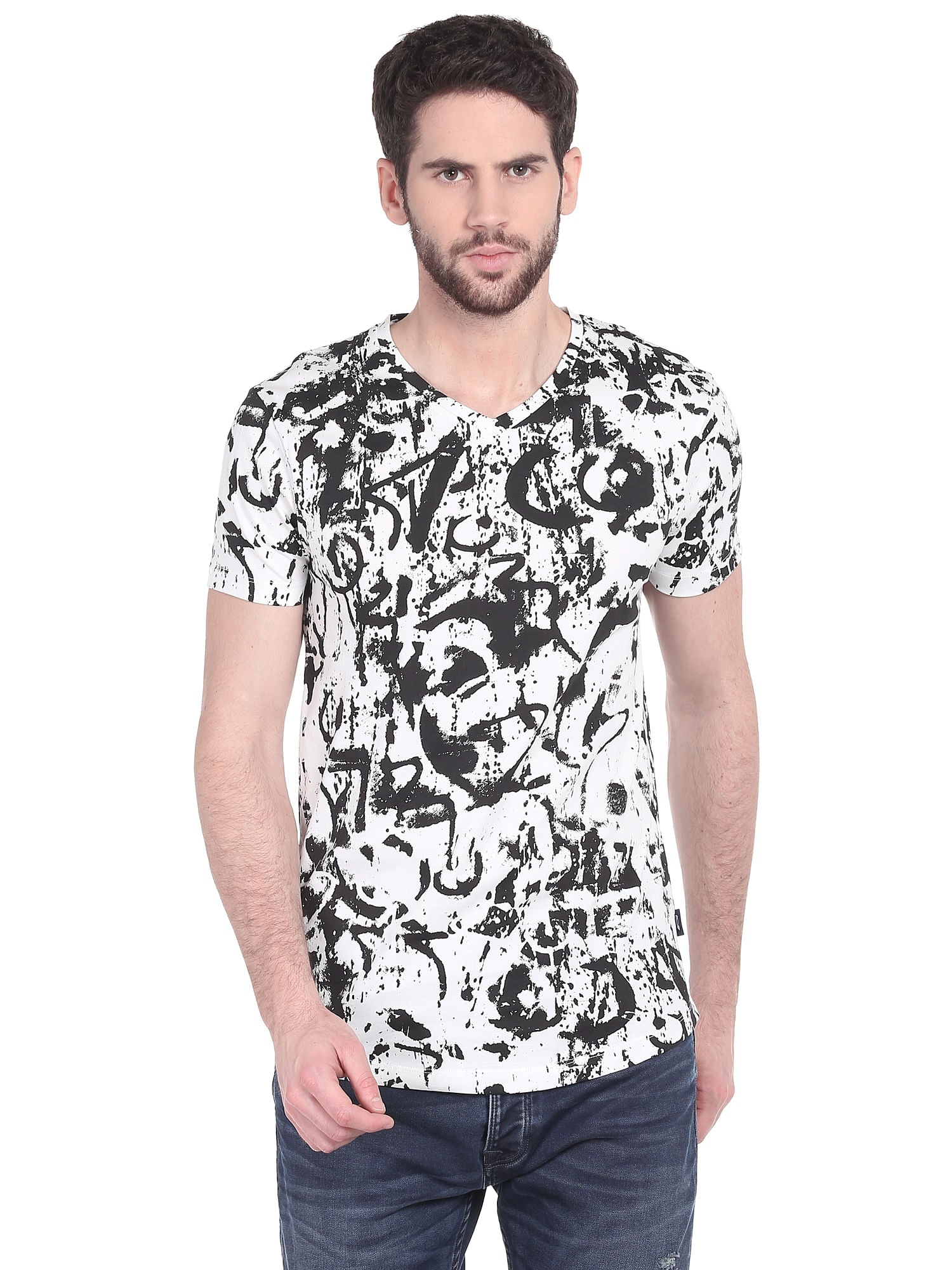 White Printed V-Neck T-Shirt