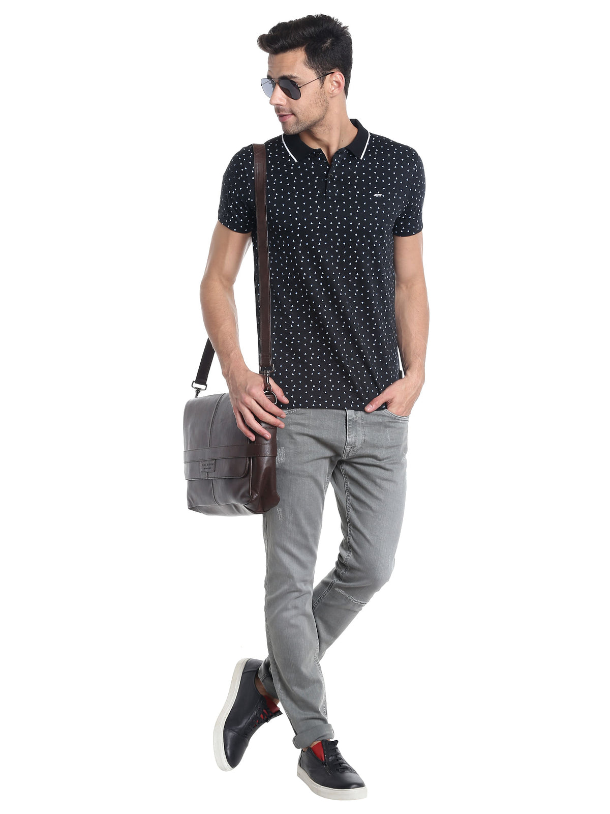 Black Printed Polo T-Shirt - S