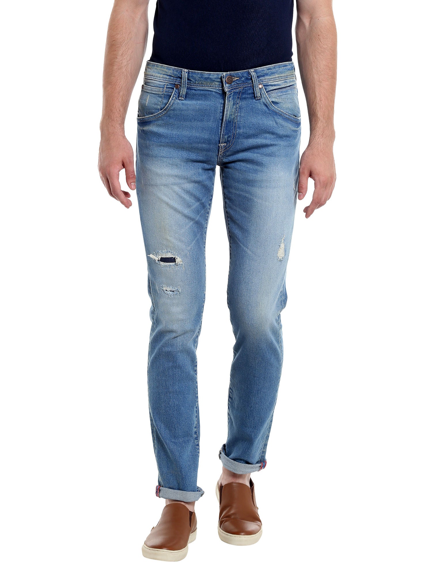 Light Blue Distressed Slim Fit Jeans