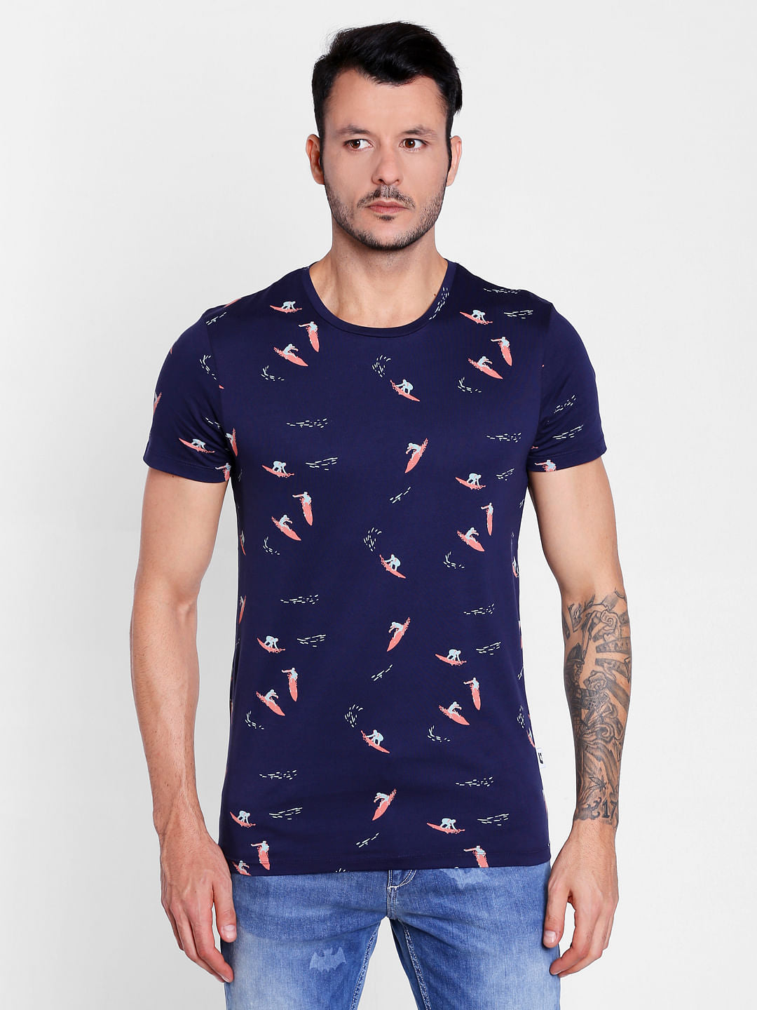 Surf Board Print Blue Crew Neck T-Shirt - S