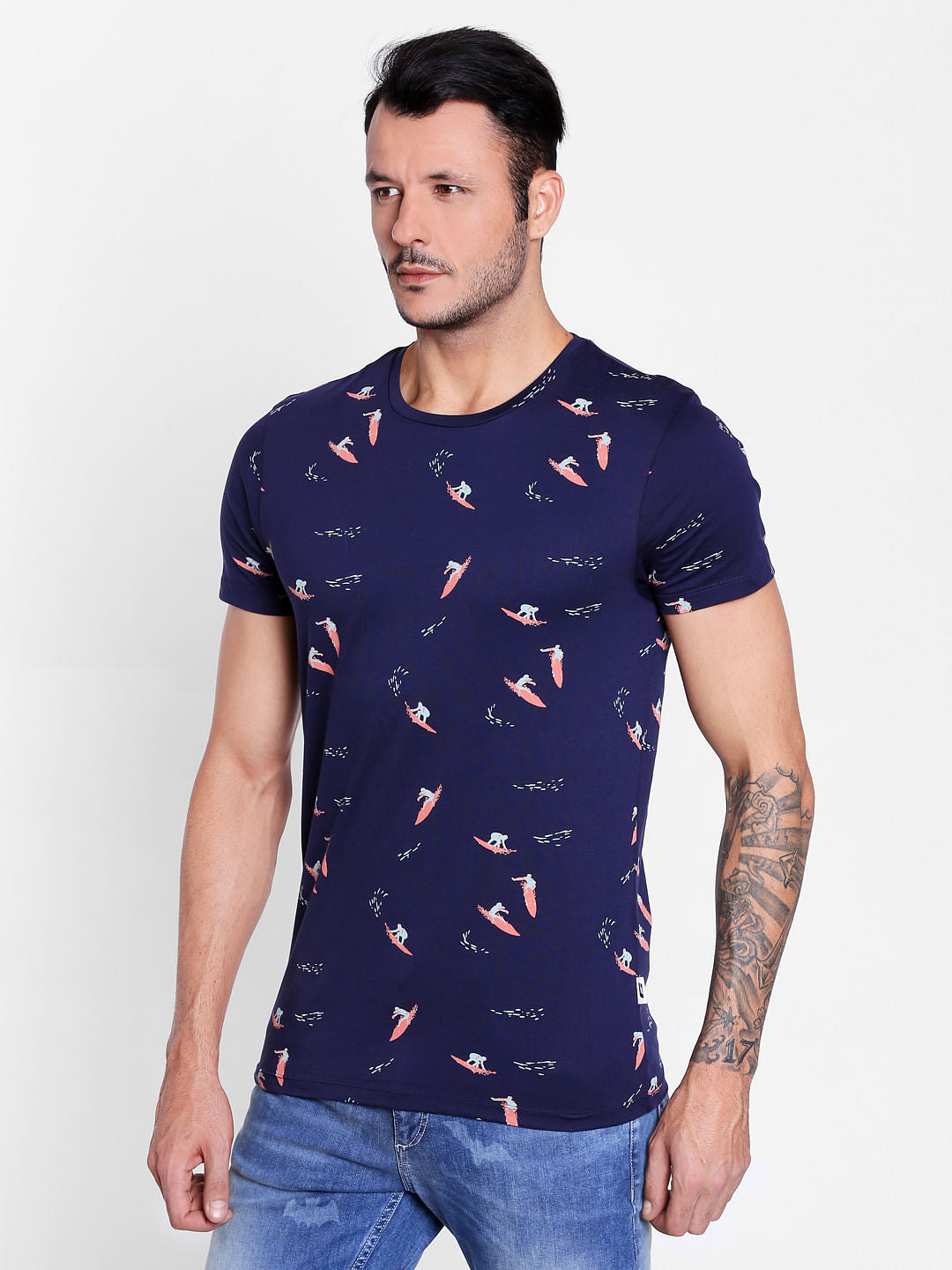 Surf Board Print Blue Crew Neck T-Shirt