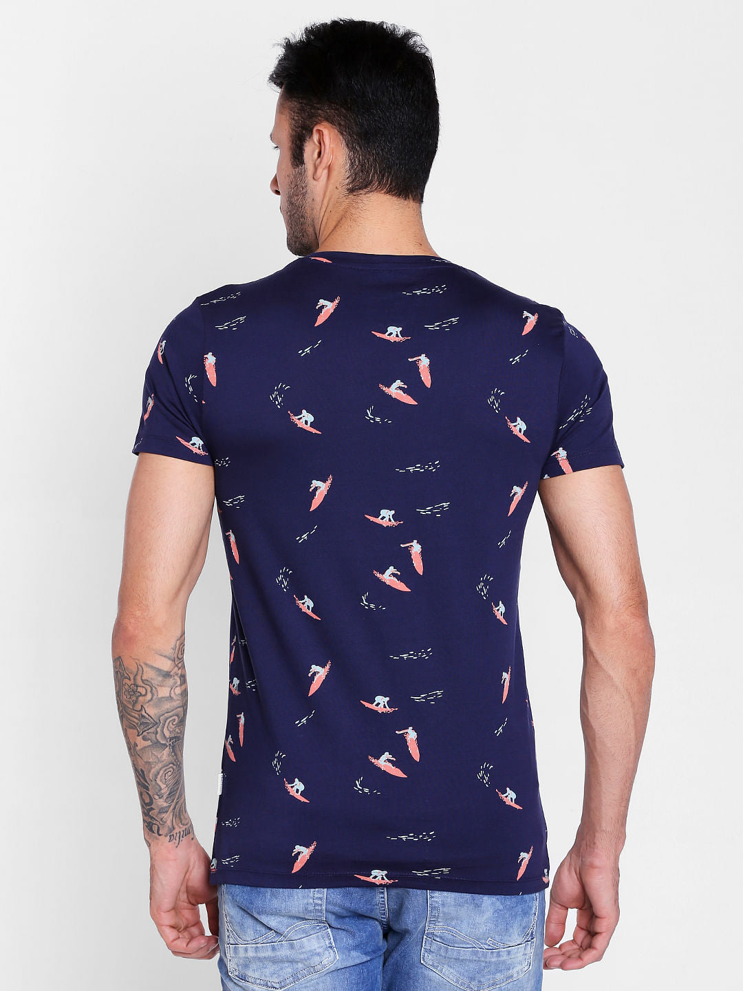 Surf Board Print Blue Crew Neck T-Shirt