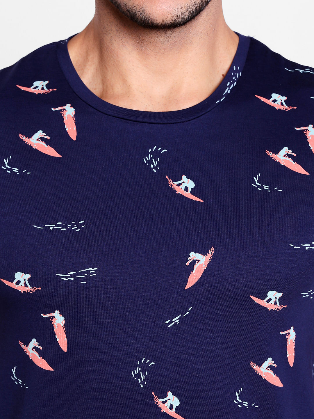 Surf Board Print Blue Crew Neck T-Shirt