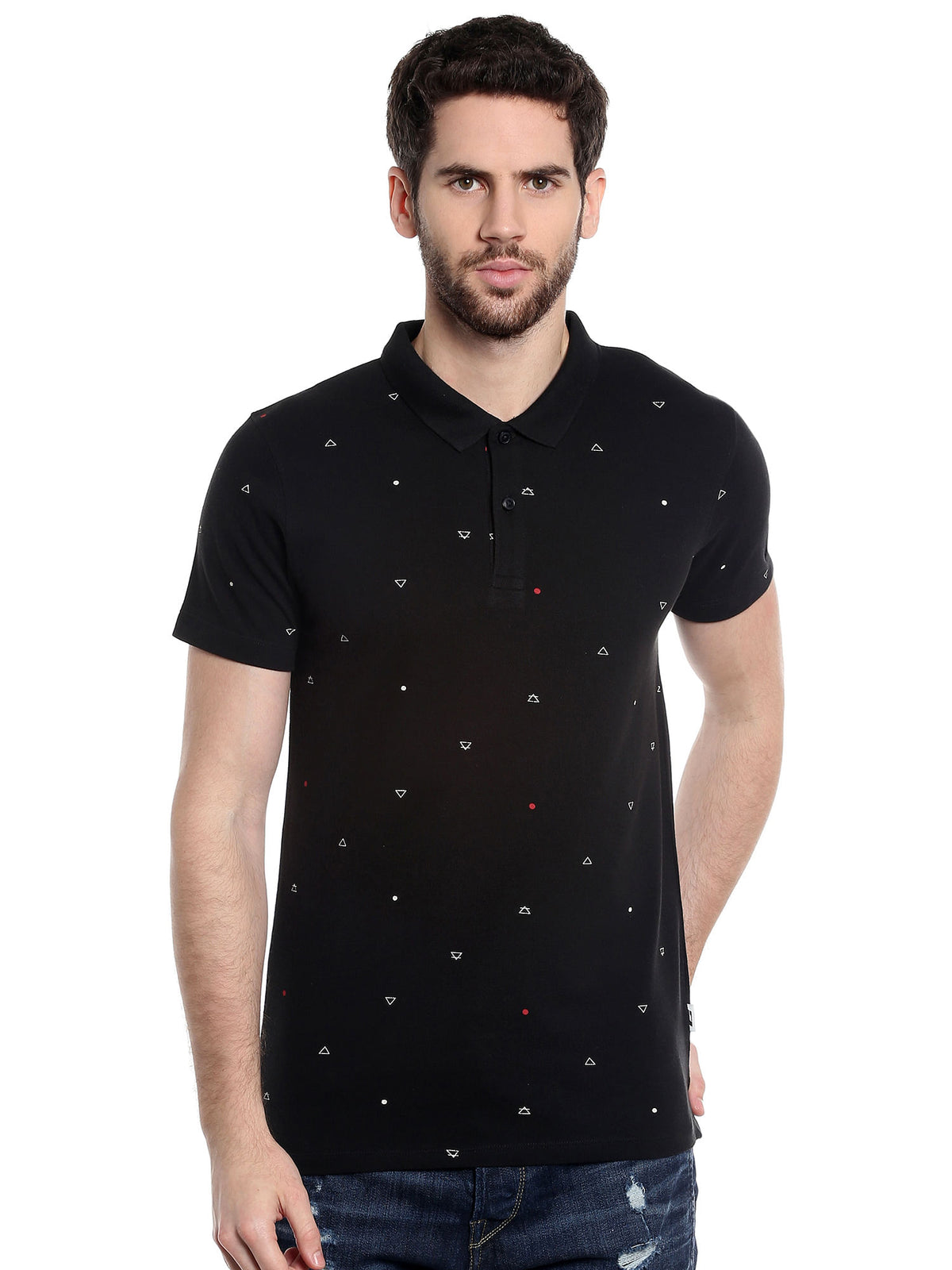 Black Printed Polo T-Shirt - S