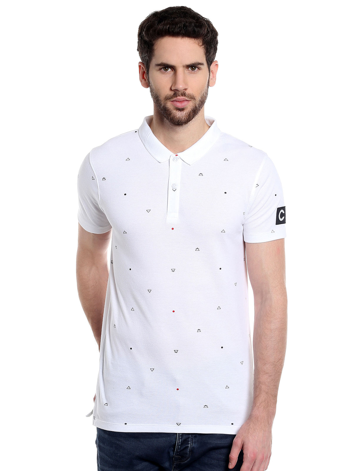 White Printed Polo T-Shirt - S
