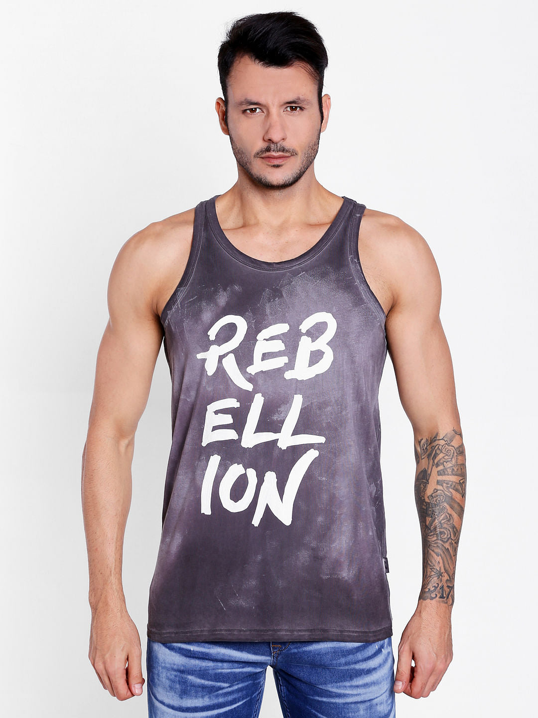 Dark Grey Slogan Print Tank Top