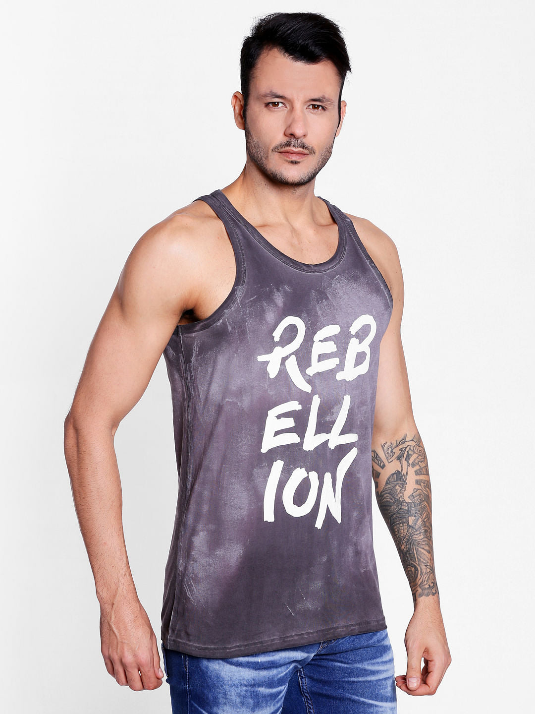 Dark Grey Slogan Print Tank Top