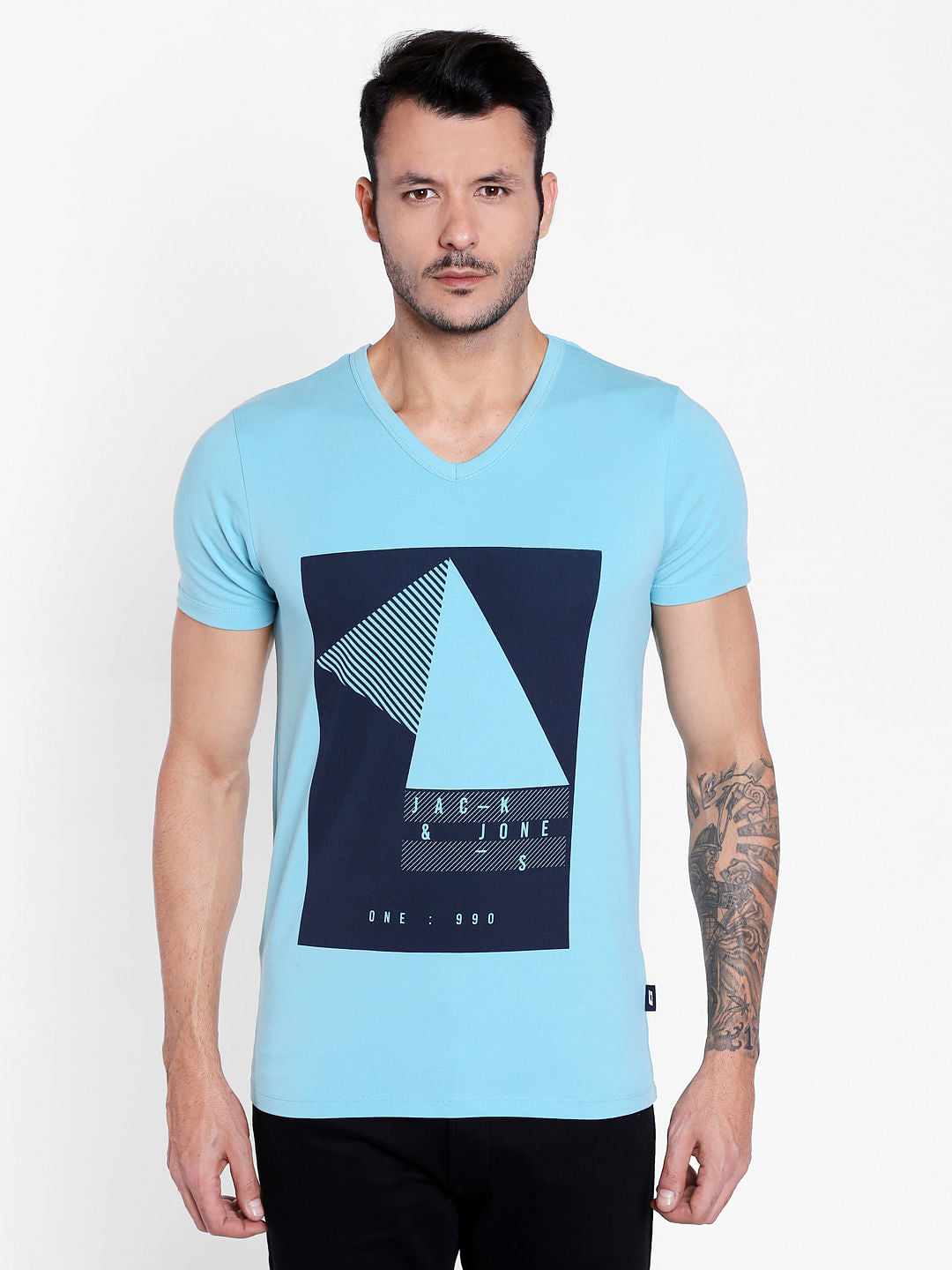 Aqua Blue Graphic Print V-Neck T-Shirt - S
