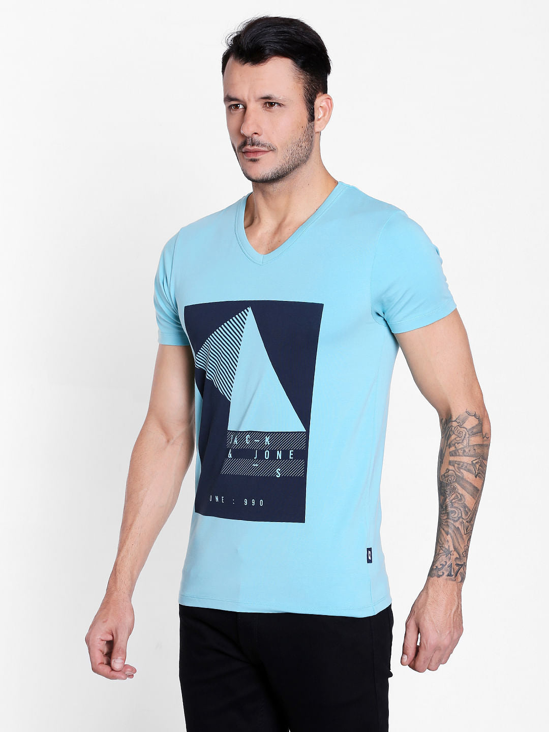 Aqua Blue Graphic Print V-Neck T-Shirt