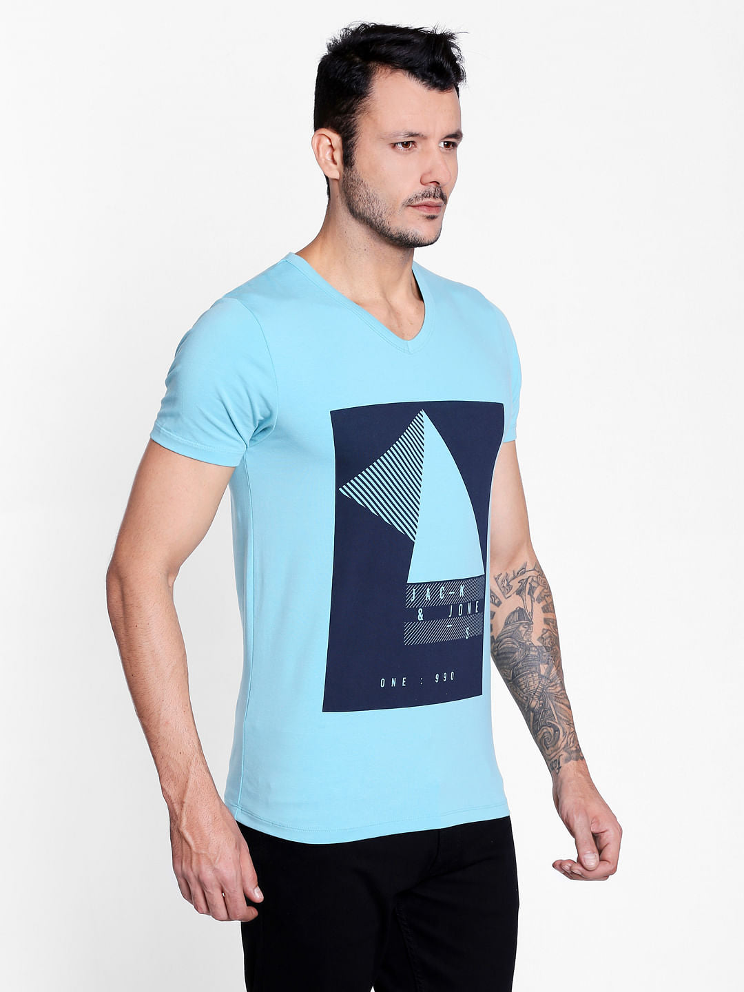 Aqua Blue Graphic Print V-Neck T-Shirt