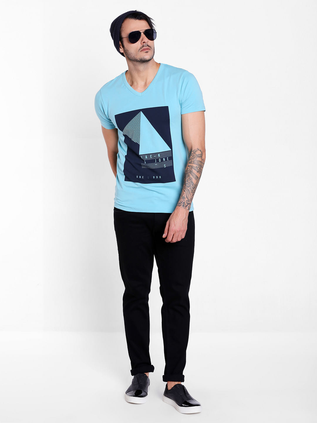 Aqua Blue Graphic Print V-Neck T-Shirt