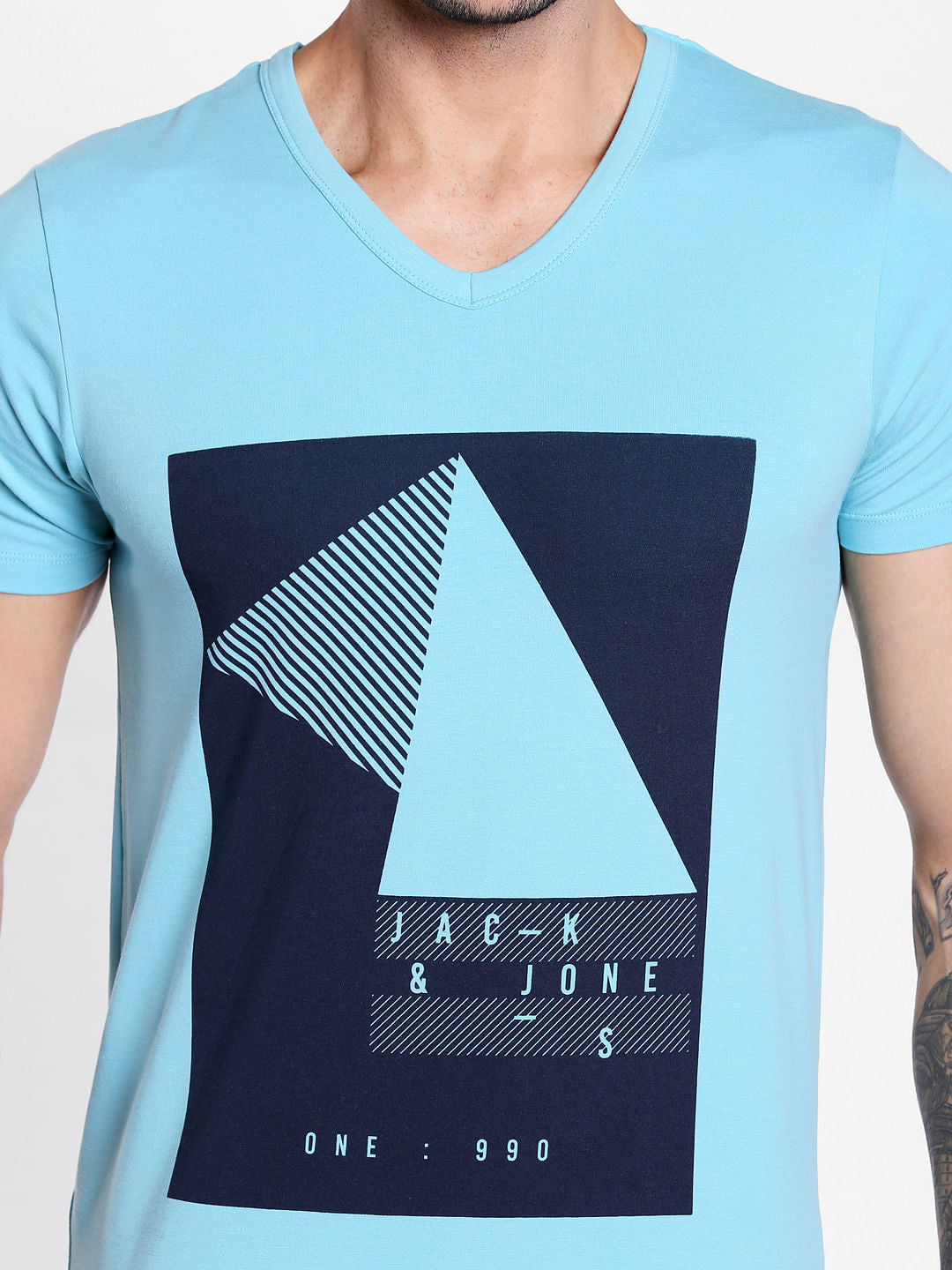 Aqua Blue Graphic Print V-Neck T-Shirt