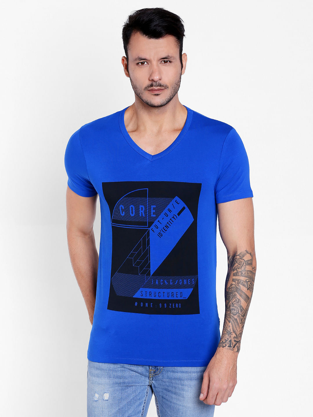 Electric Blue Graphic Print V-Neck T-Shirt - S