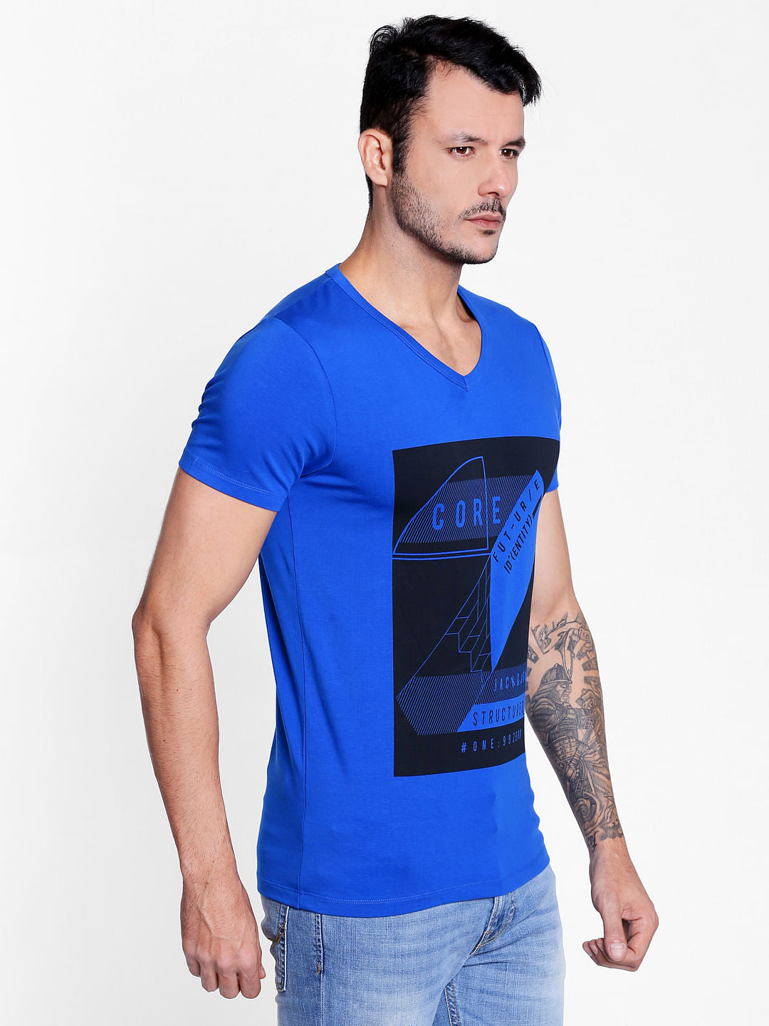 Electric Blue Graphic Print V-Neck T-Shirt