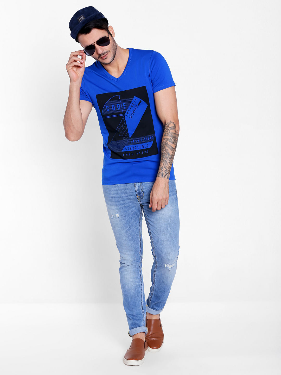 Electric Blue Graphic Print V-Neck T-Shirt
