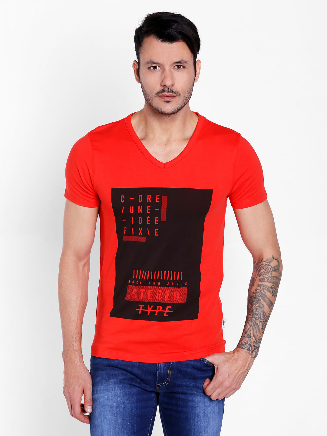 Bright Red Graphic Print V-Neck T-Shirt