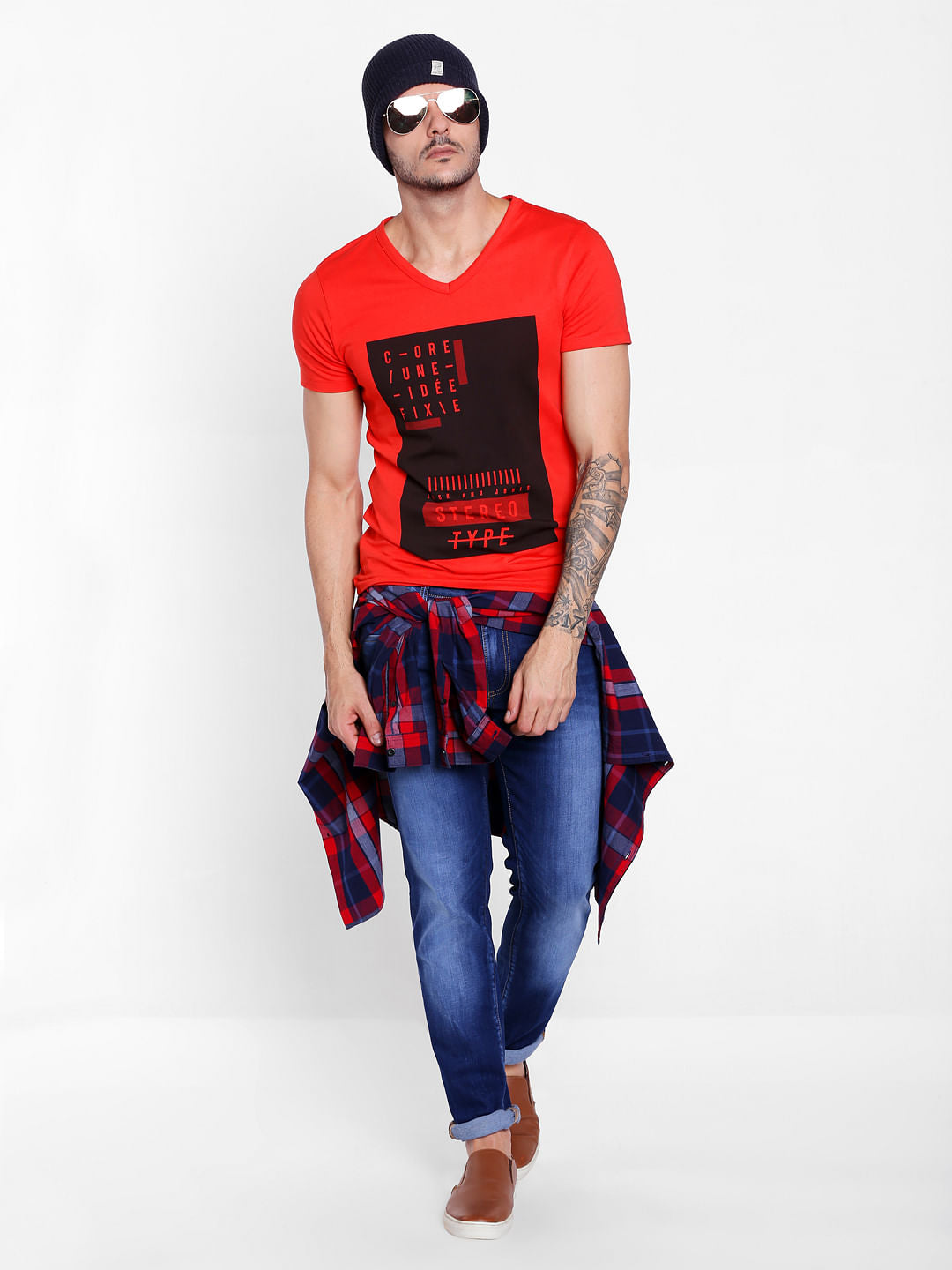 Bright Red Graphic Print V-Neck T-Shirt