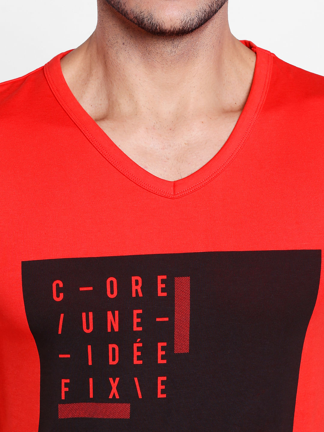 Bright Red Graphic Print V-Neck T-Shirt
