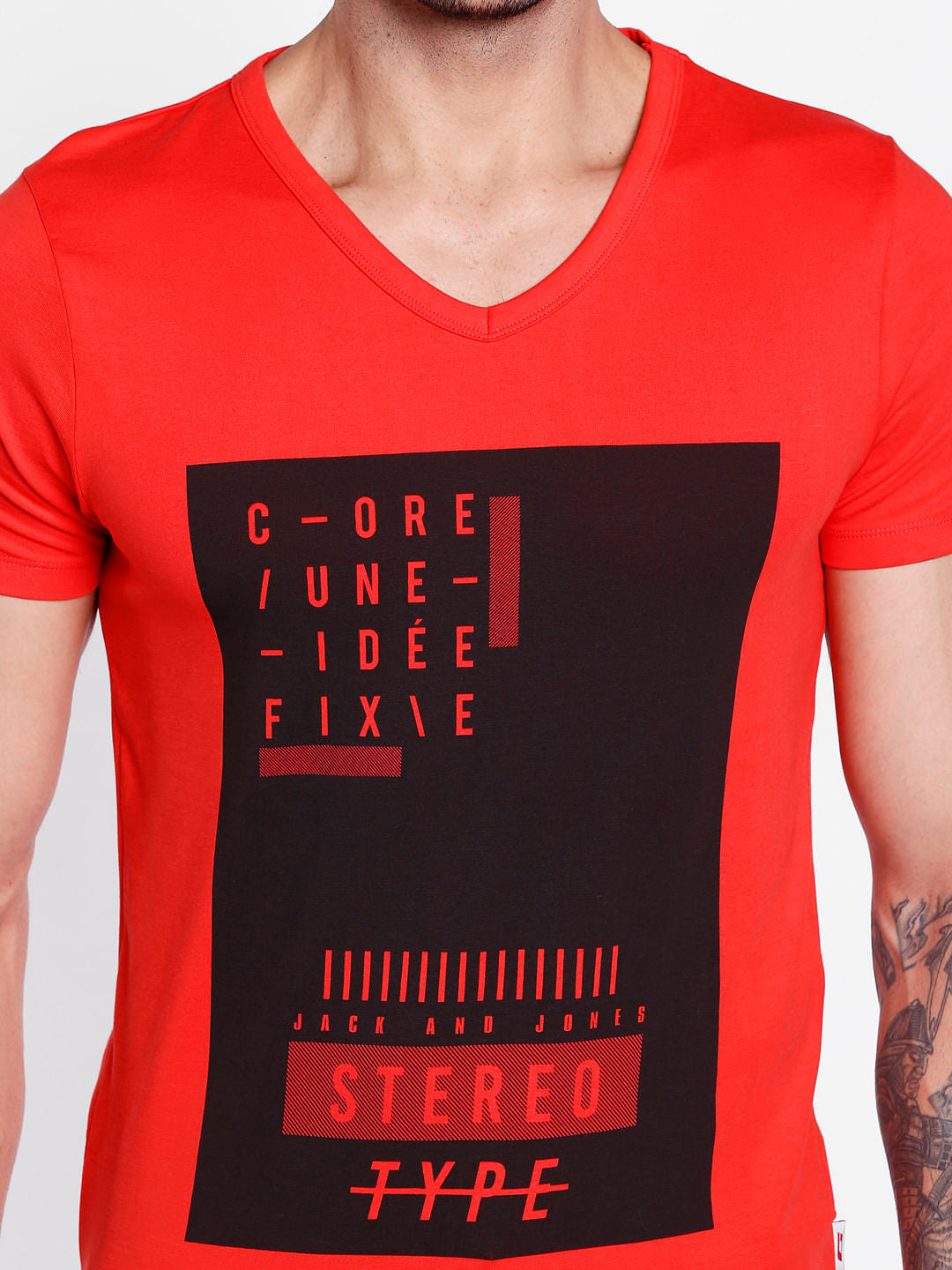 Bright Red Graphic Print V-Neck T-Shirt