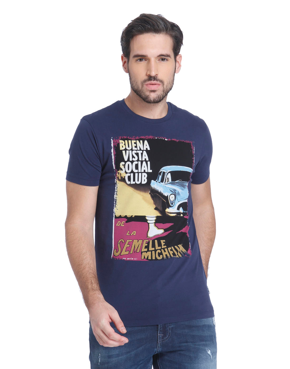 Blue Graphic Print Crew Neck T-Shirt - S