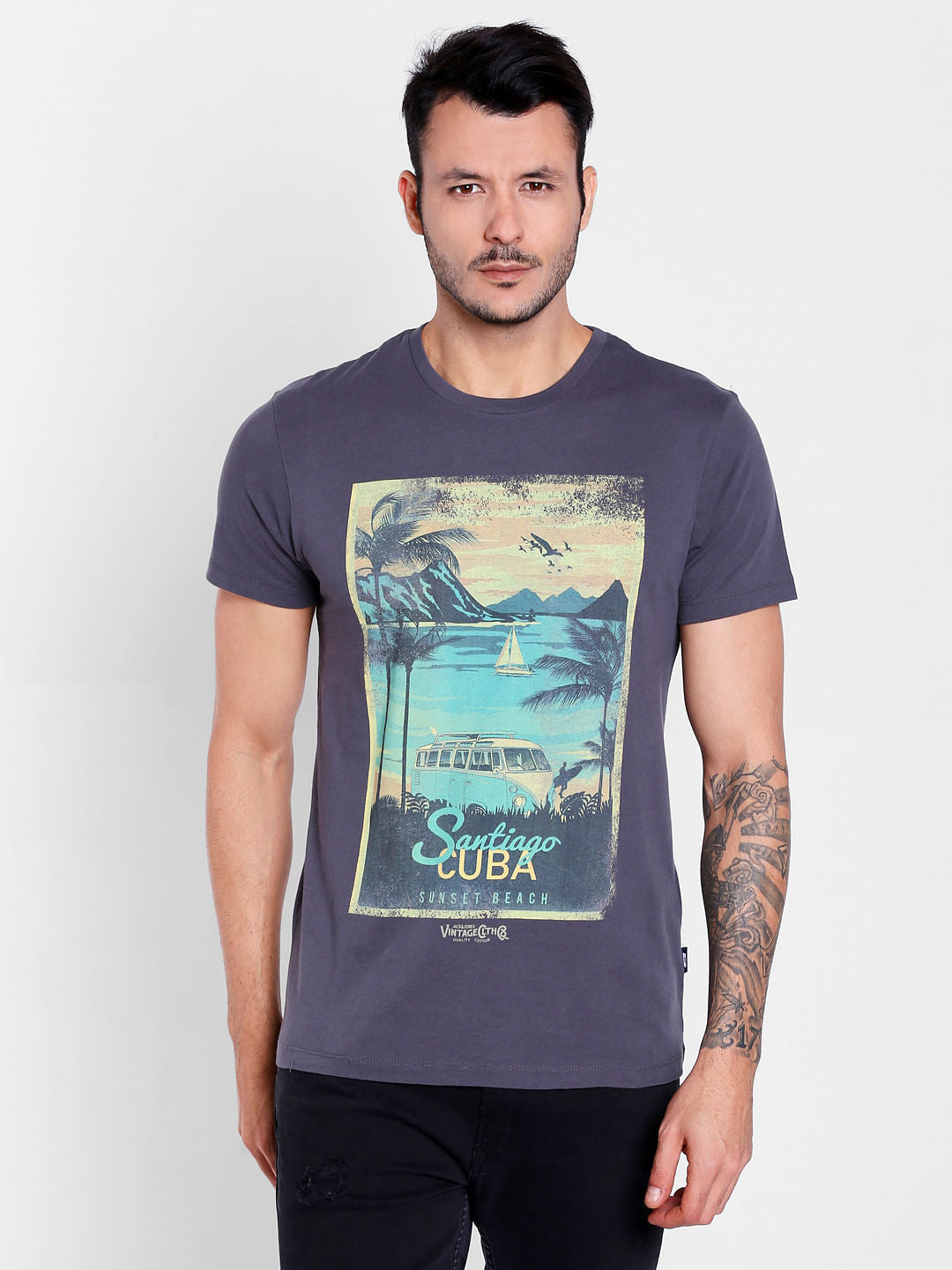 Dark Grey Graphic Print Crew Neck T-Shirt - S