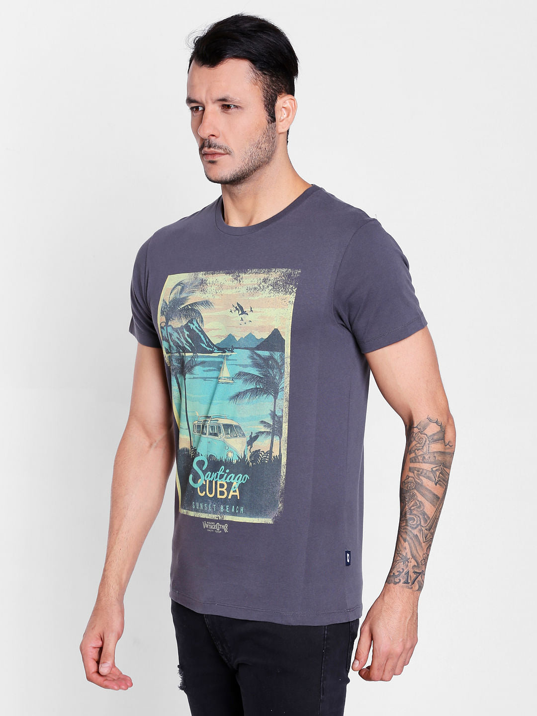 Dark Grey Graphic Print Crew Neck T-Shirt