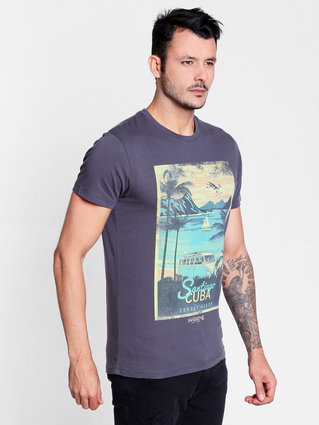 Dark Grey Graphic Print Crew Neck T-Shirt