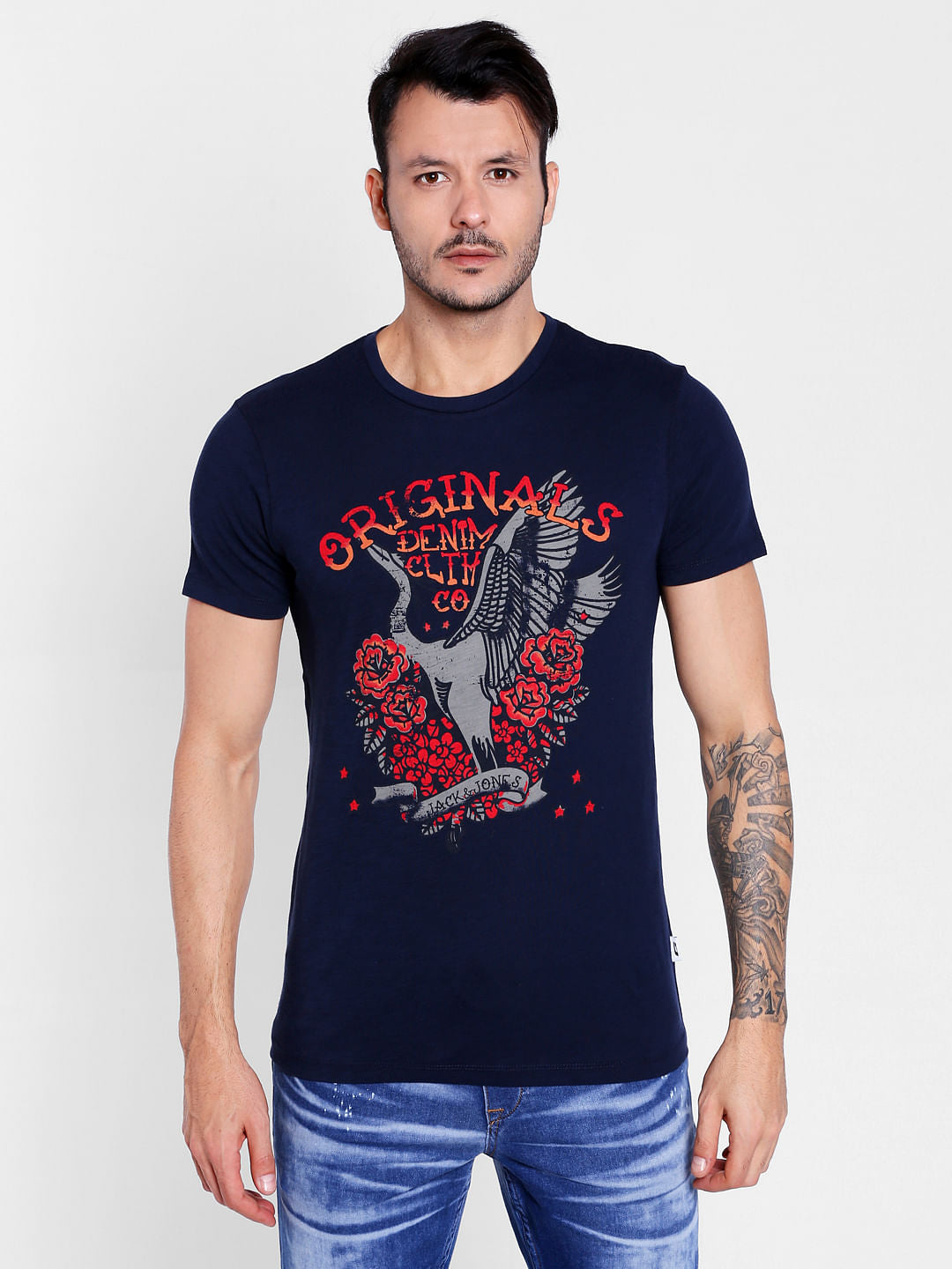Dark Blue Graphic Print Crew Neck T-Shirt - S