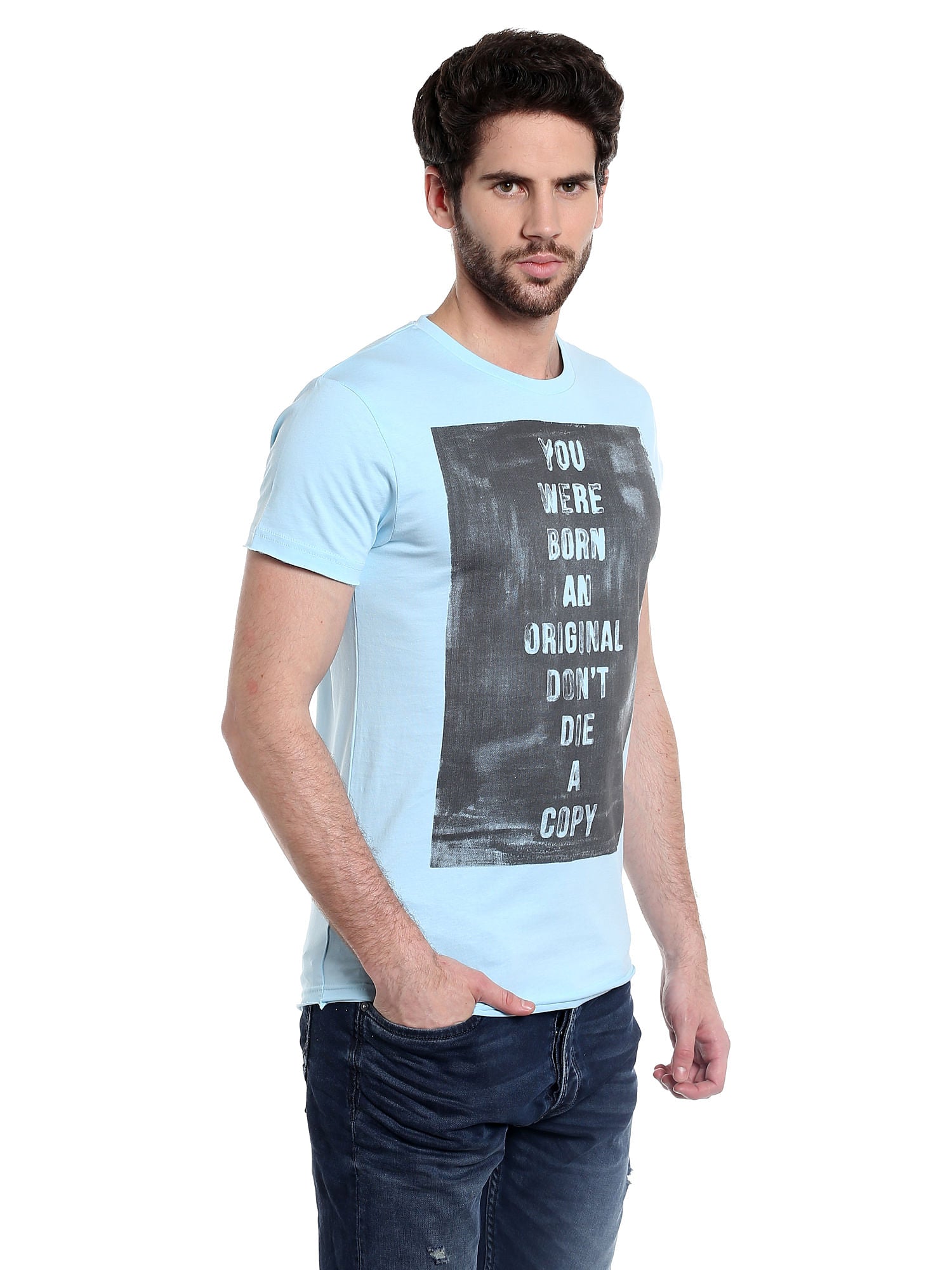 Blue Slogan Print Crew Neck T-Shirt
