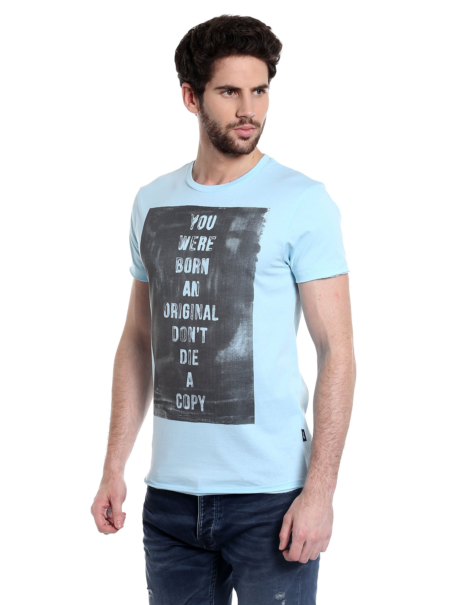 Blue Slogan Print Crew Neck T-Shirt