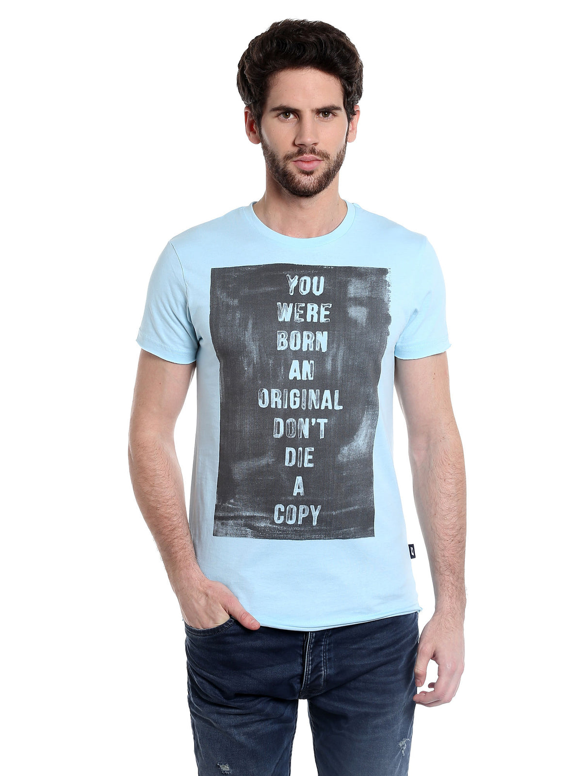 Blue Slogan Print Crew Neck T-Shirt - S