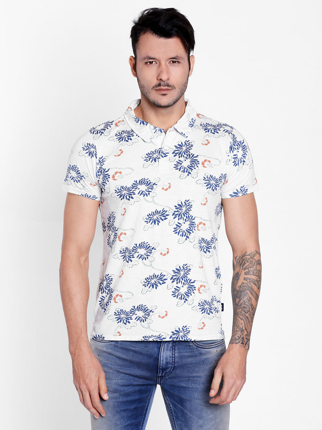 White Floral Print Polo Neck T-Shirt - S