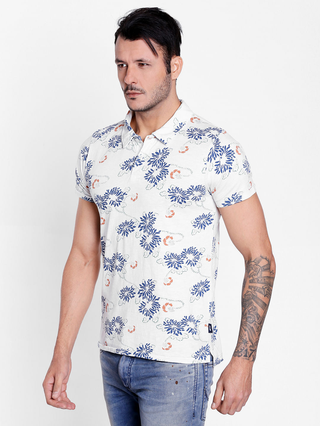 White Floral Print Polo Neck T-Shirt