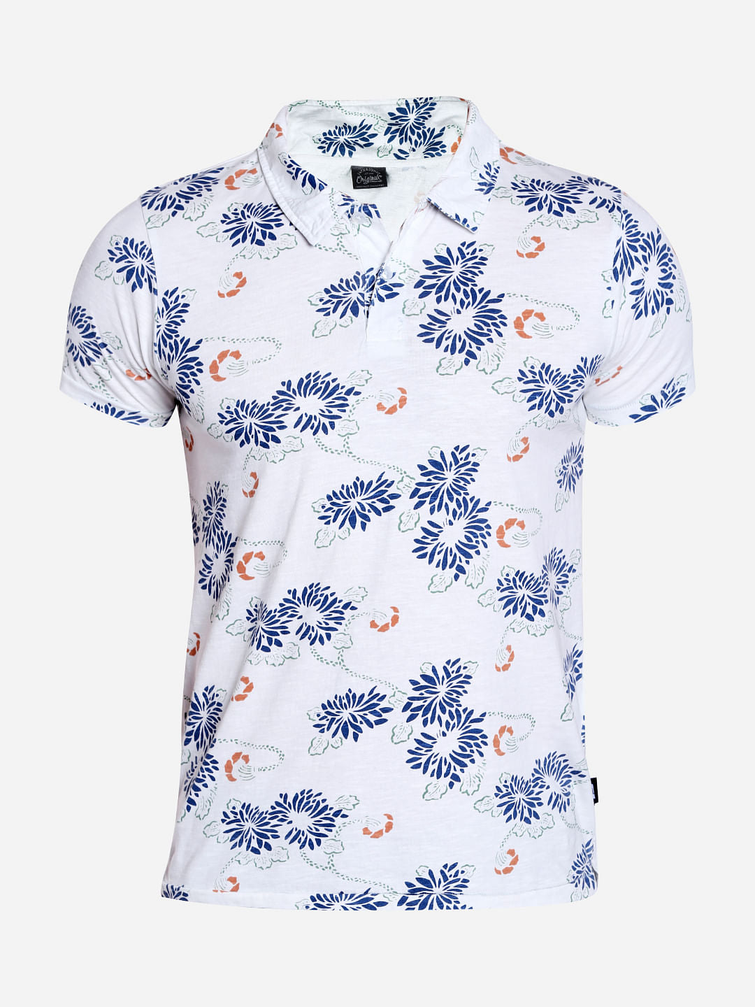 White Floral Print Polo Neck T-Shirt