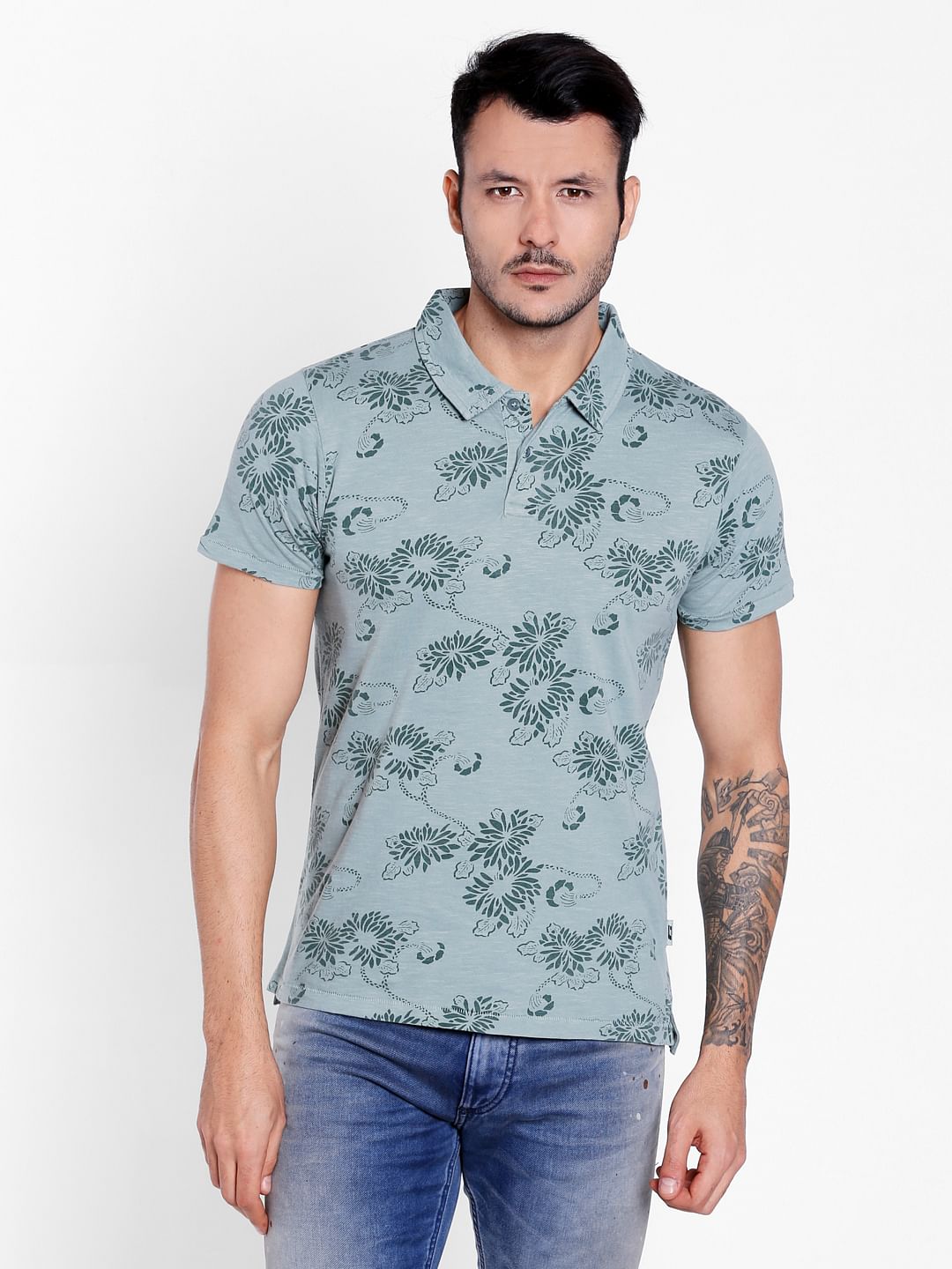 Green Floral Print Polo Neck T-Shirt - S