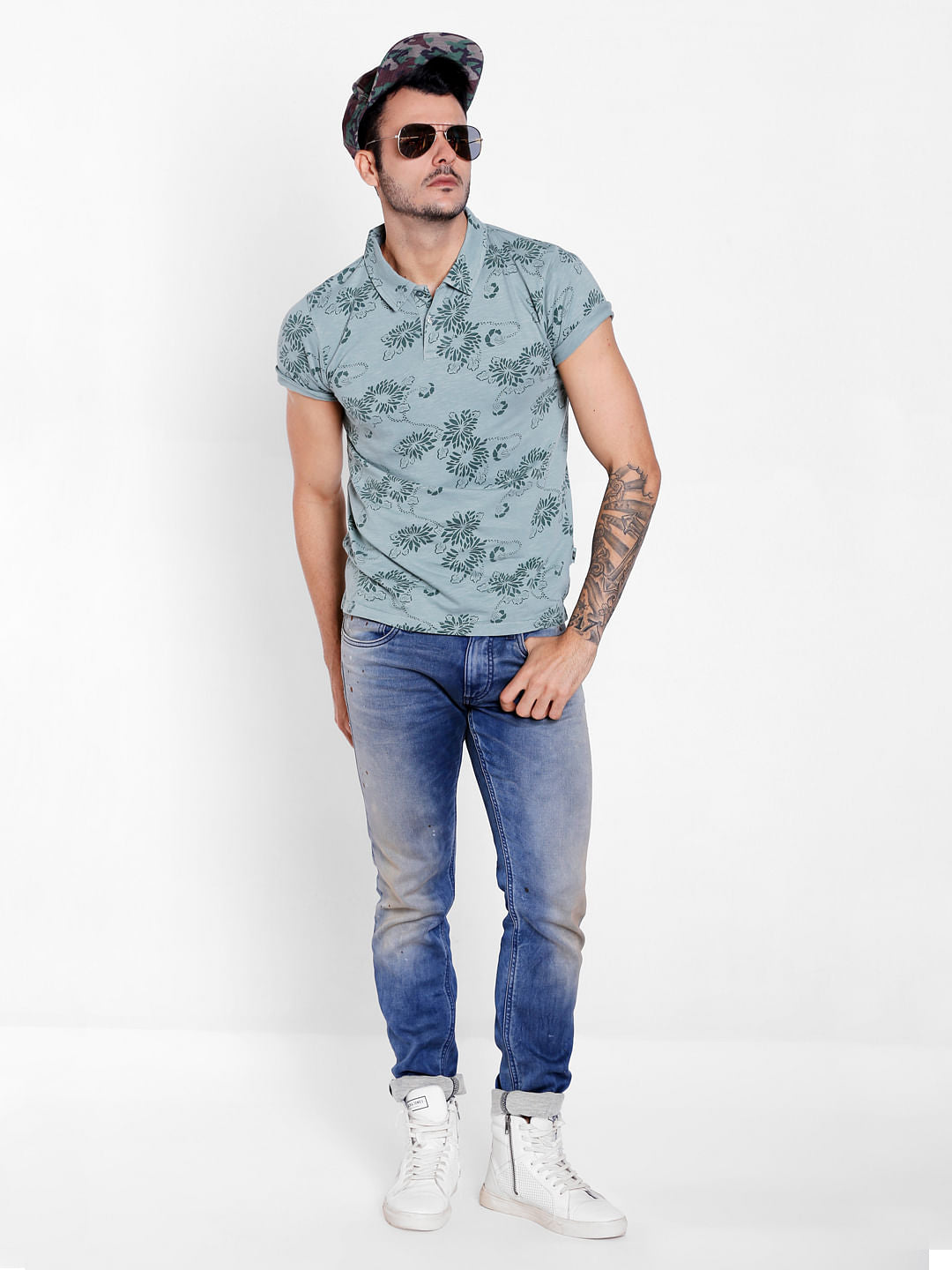 Green Floral Print Polo Neck T-Shirt