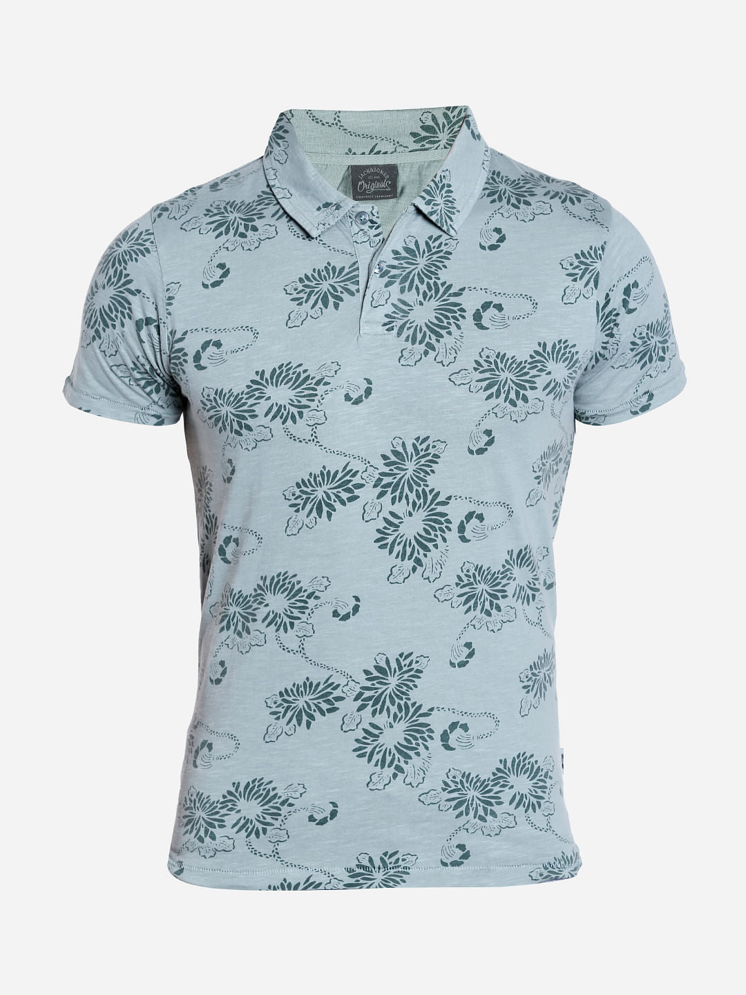 Green Floral Print Polo Neck T-Shirt