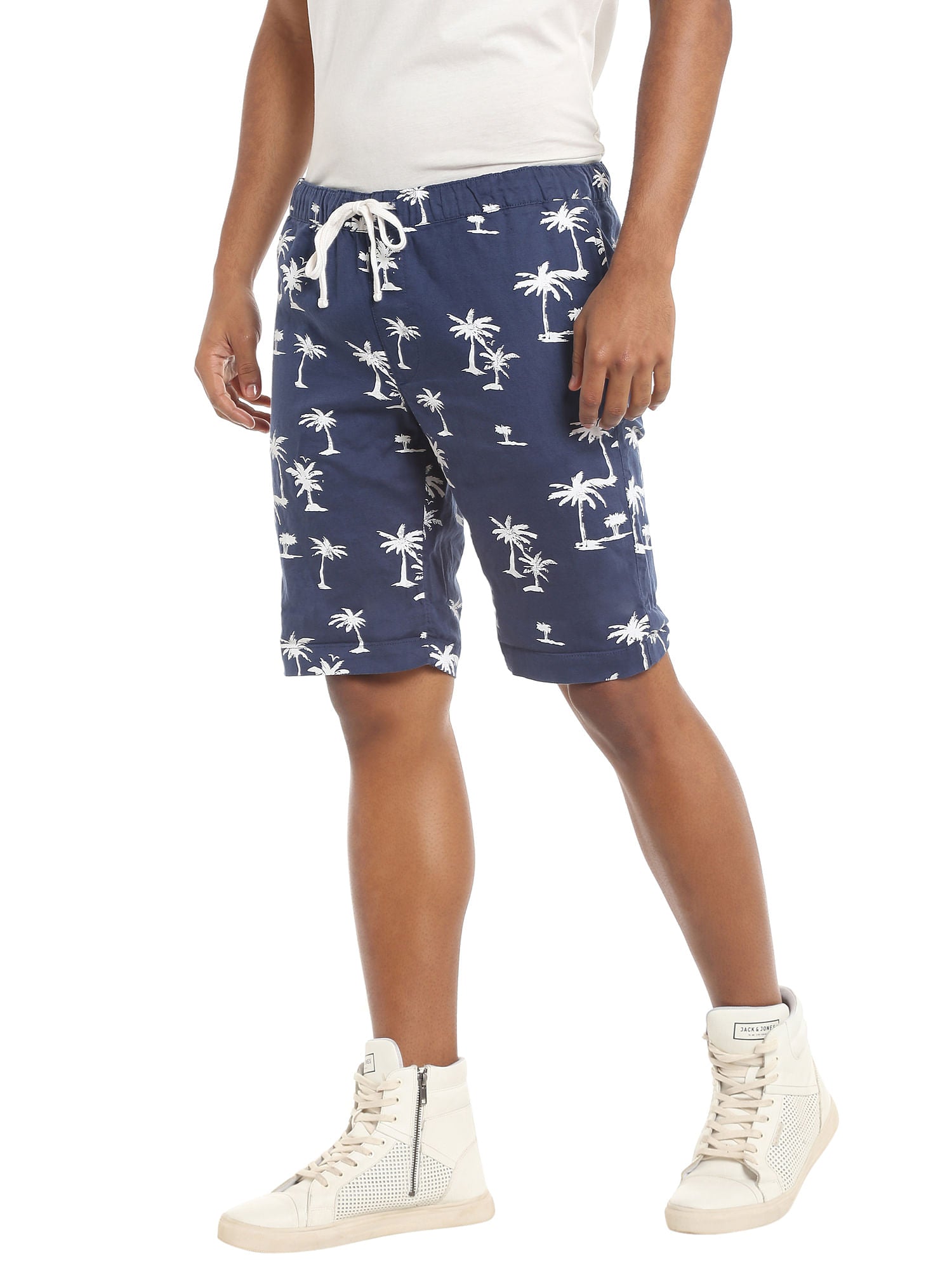 Blue Palm Tree Print Drawstring Shorts