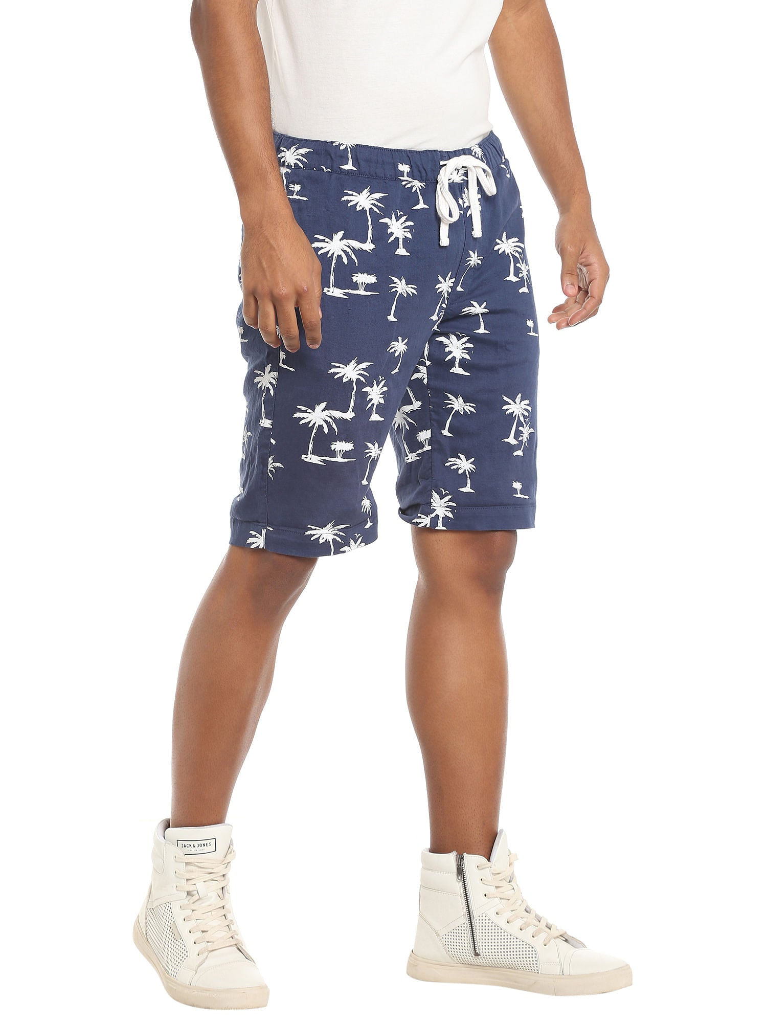Blue Palm Tree Print Drawstring Shorts