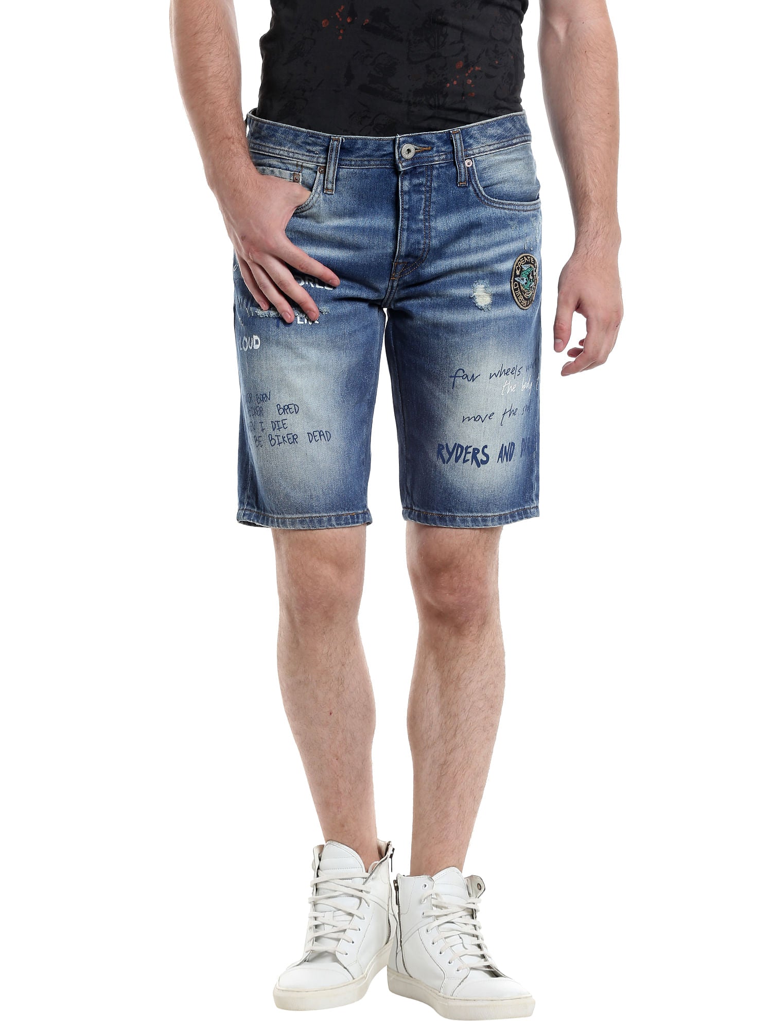 Blue Slogan Print Denim Shorts