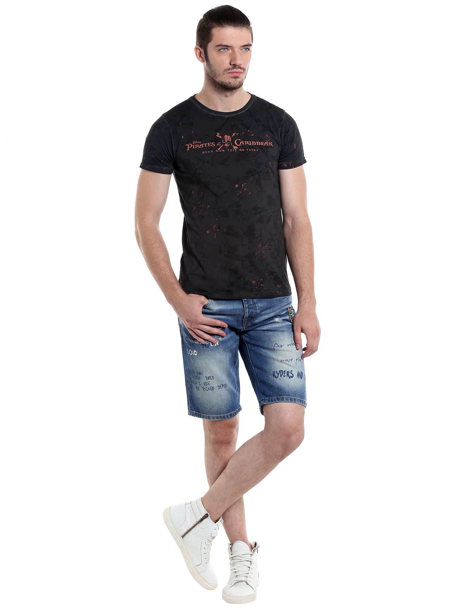 Blue Slogan Print Denim Shorts
