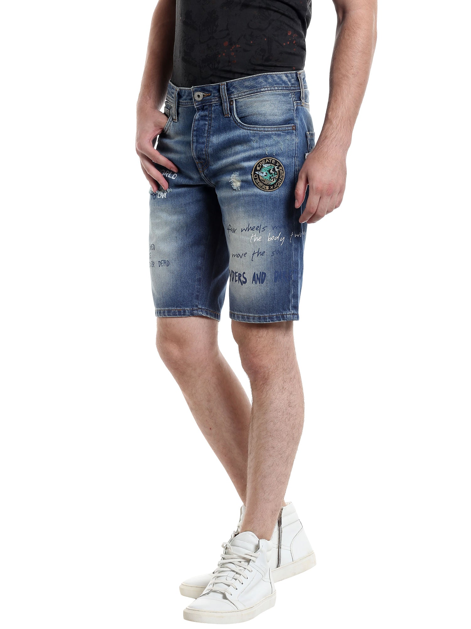 Blue Slogan Print Denim Shorts
