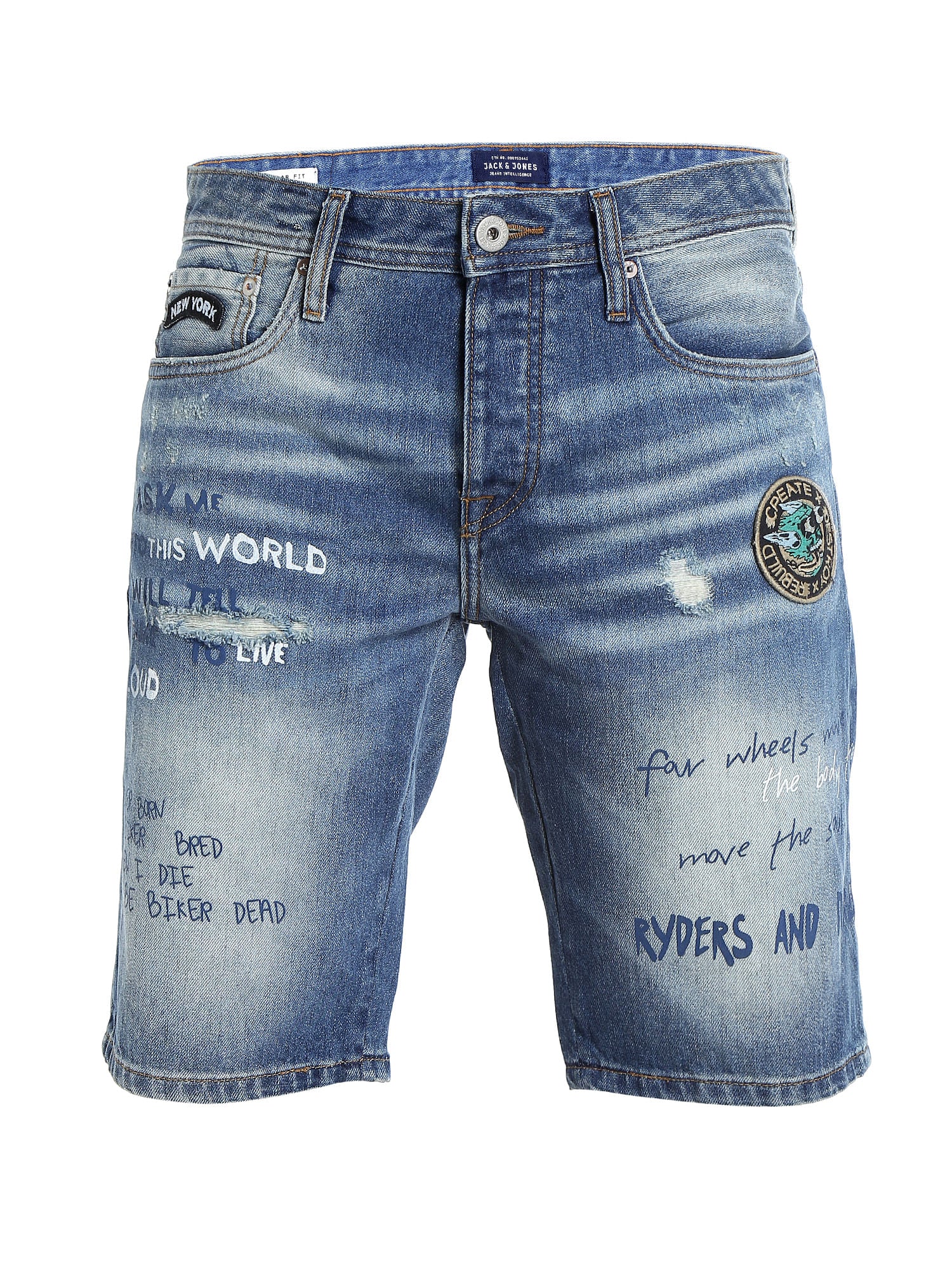 Blue Slogan Print Denim Shorts