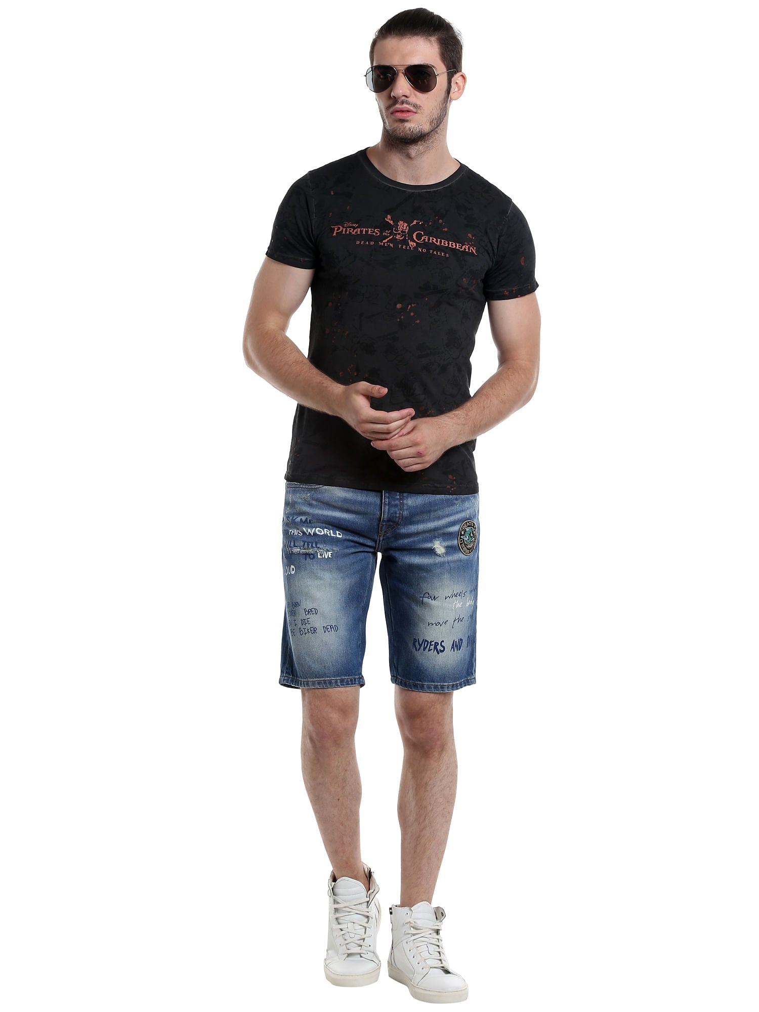 Blue Slogan Print Denim Shorts