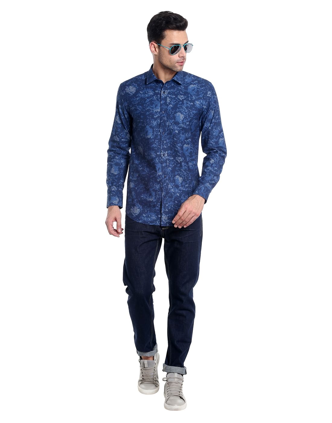 Dark Blue Denim Printed Slim Shirt