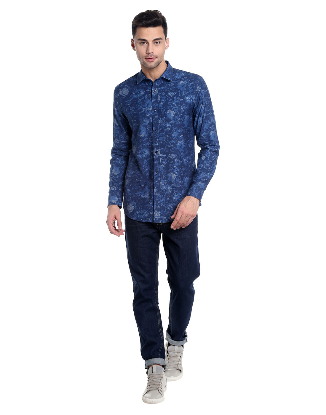 Dark Blue Denim Printed Slim Shirt