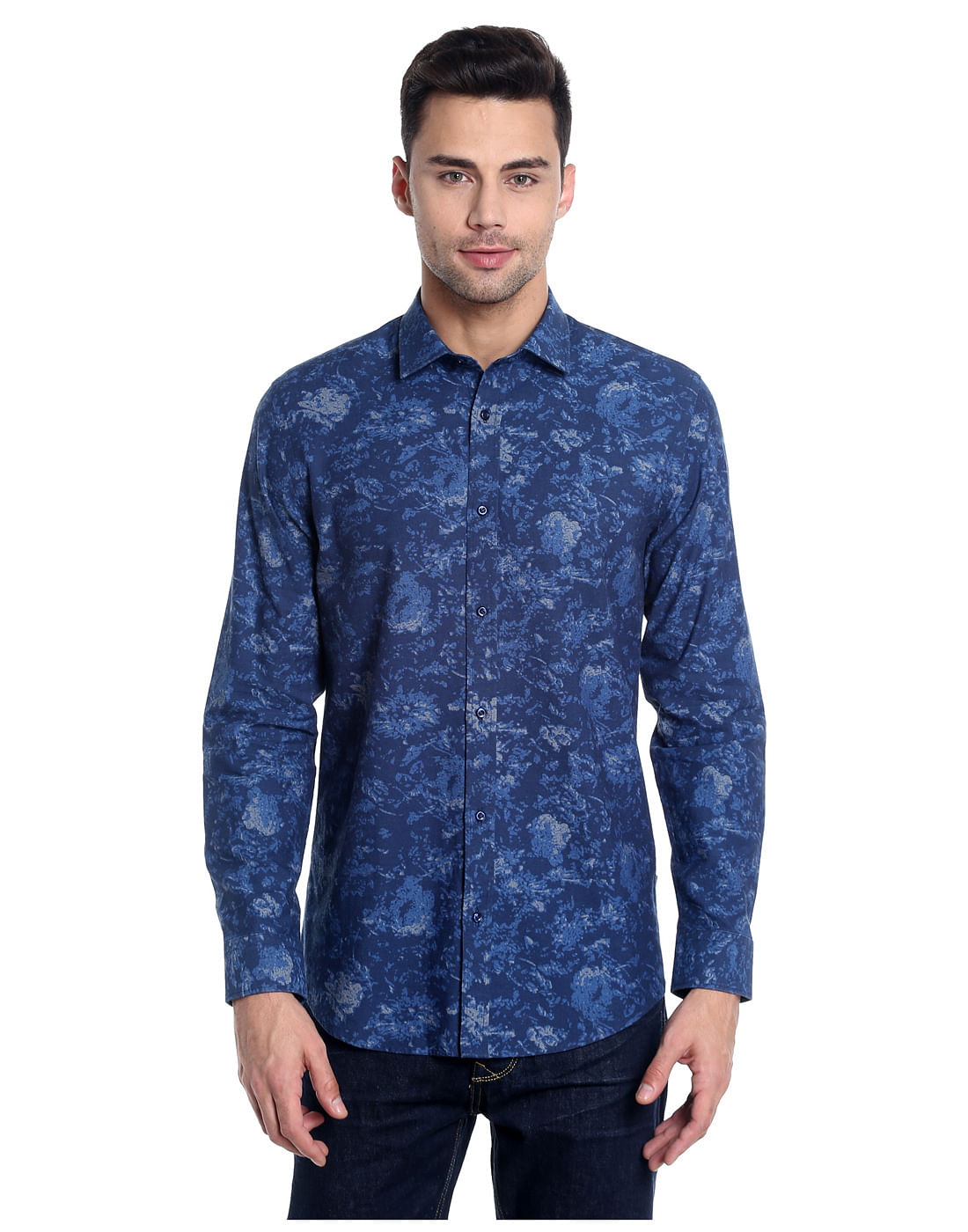Dark Blue Denim Printed Slim Shirt